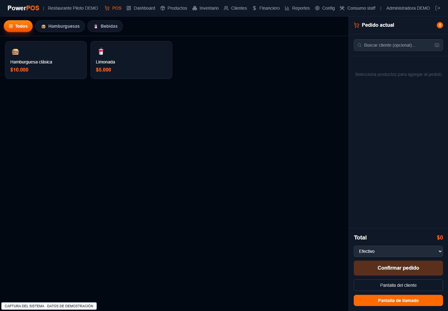 Pantalla real del punto de venta PowerPOS con productos y pedido. Datos de demostración.
